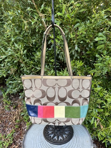 Vintage Coach Signature Streifen Leder Blöcke Handtasche 14x9,5x3" wie abgebildet - Bild 5 von 13