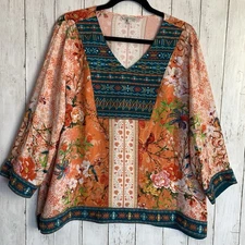 New John Mark Embroidered V-Neck 3/4 Sleeve Tunic Boho Western Top L Bird Print