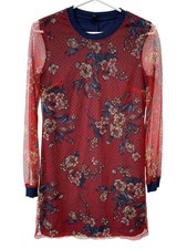 Be Bop Mini Dress Size Small Floral Mesh Long Sleeve Crewneck Red Navy Bohemian