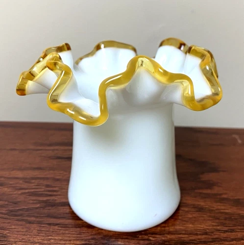 1940s Fenton Milk Glass Gold Ruffled Edge  Vase 3" H  5" Ruffle Vase