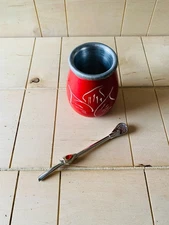 Mate Cup Vintage Engraved RED Aluminum Argentine Yerba Mate Gourd Set Straw