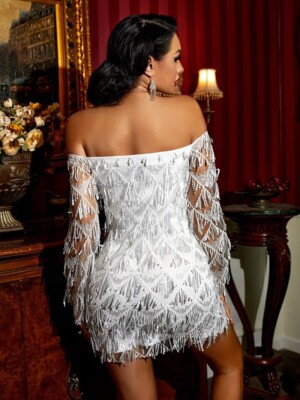 strapless open back dress Mesh High Neck Long Sleeve Mini Dress White main image 1
