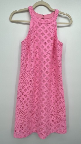 Lilly Pulitzer Rayanne Shift Dress Pelican Pink Pineapple Geo Lace Sz XS Halter
