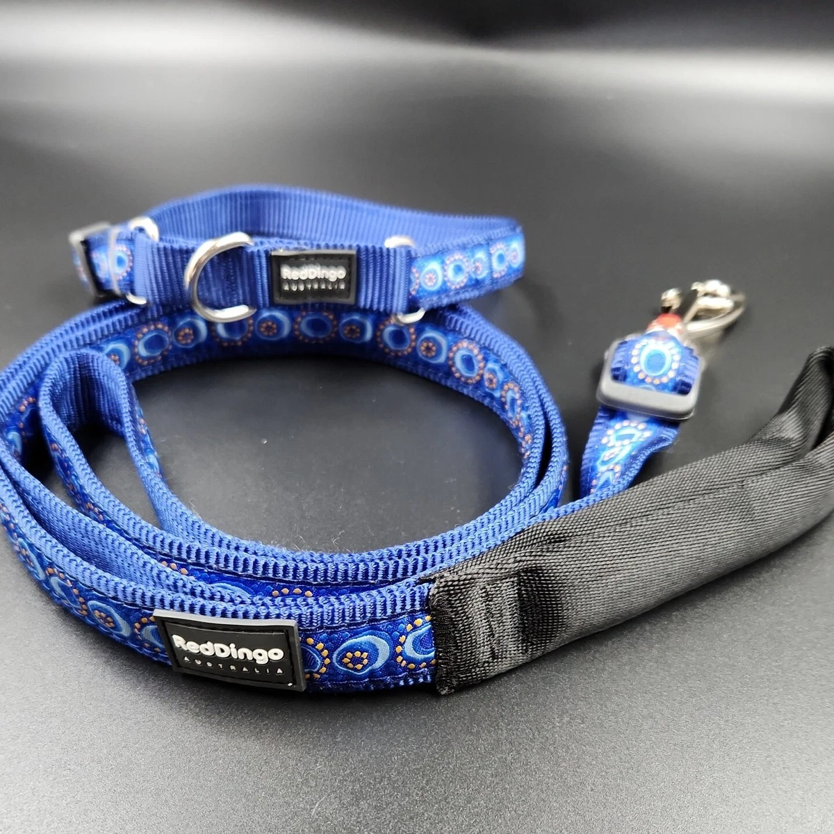 Medium Reflective Dog Collar Lead Leash Set Blue Cosmos Moon Nylon Red Dingo