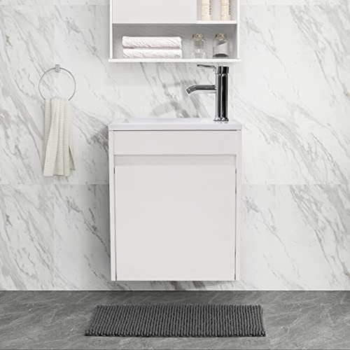 Wall Mounted 16 In Bathroom Vanity Set W/ Sink Storage Combo Chrome Faucet New - Picture 2 of 7