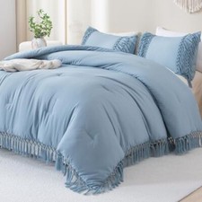 Full Size Comforter Set, 3 Pieces Boho Tassel Full 79"x90" Grayish Blue