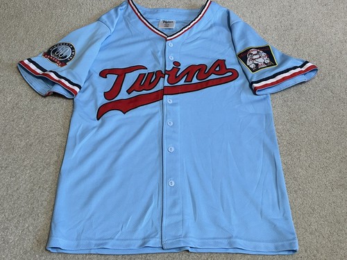 Camiseta de béisbol de los Mellizos de Minnesota SGA juvenil grande en polvo azul cosida al muro