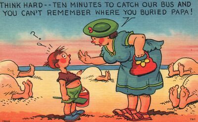 Think Hard 10 Minutes To Catch Our Bus Remember Where's Dad Vintage Postcard