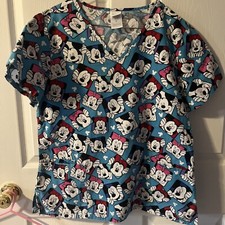 Disney Women's Size M Scrub Top Blue Mickey Minnie Mouse Short Sleeve Pockets
