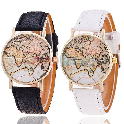 Quarzo da Vintage Orologi Polso MAPPA MONDO Pelle Cuoio Uomo Donna Wrist  Watch v | eBay