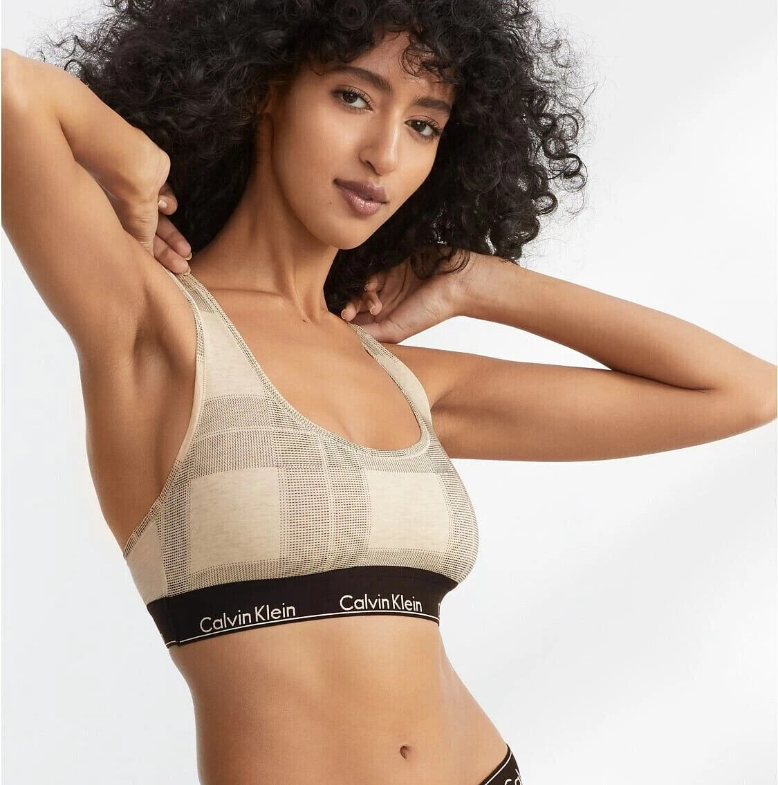 Calvin Klein Women's Modern Cotton Bralette, Oatmeal Plaid, XS (34A/32B/30C)