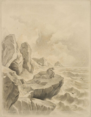 Monogramm EH (19.Jhd), Mann auf Klippe vor rauer See,  1894, Bleistift Romantik - Bild 1 von 4