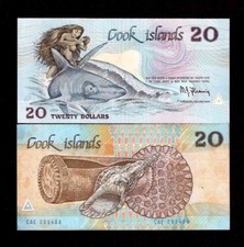 COOK ISLANDS 20 DOLLARS P-5b 1987 SHARK TURTLE UNC DRUM PACIFIC MONEY RARE NOTE