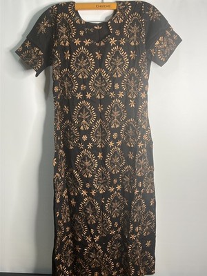 Handmade Black & Gold Floral Maxi Dress   Short Sleeve Boho Ethnic Print
