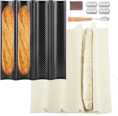 5 Pcs Baguett e Bread Pan Set,Nonstick 4 Loaf Perforated French Breads Baking