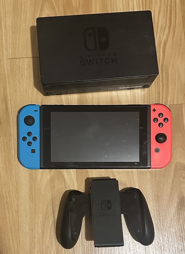 Nintendo Switch Console, Dock Red/Blue Joy-Con And Grip With 256GB Micro SD Card