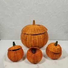 Vintage Pumpkin Basket Set Orange Woven Wicker Lid Halloween Fall Thanksgiving