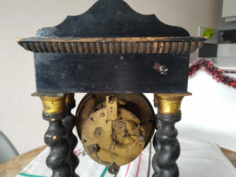 ANCIENNE PENDULE PORTIQUE NAPOLÉON III XIXe BOIS NOIRCI BRONZE COLONNES - Photo 4/4