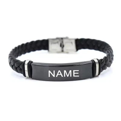 Customized Name Engraved Jewelry Bracelet Leather Rope Chain Gift Men Women Gold - Image 1 of 4
