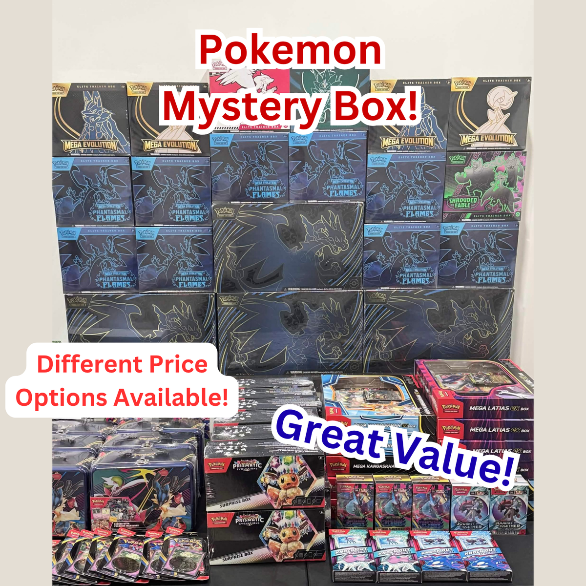 Pokmon Mystery box - ETBs, Booster Packs, Ultra Rares, Boxes, PKC ETB CHANCE! Pokmon Mystery box - ETBs, Booster Packs, Ultra Rares, Boxes, PKC ETB CHANCE!