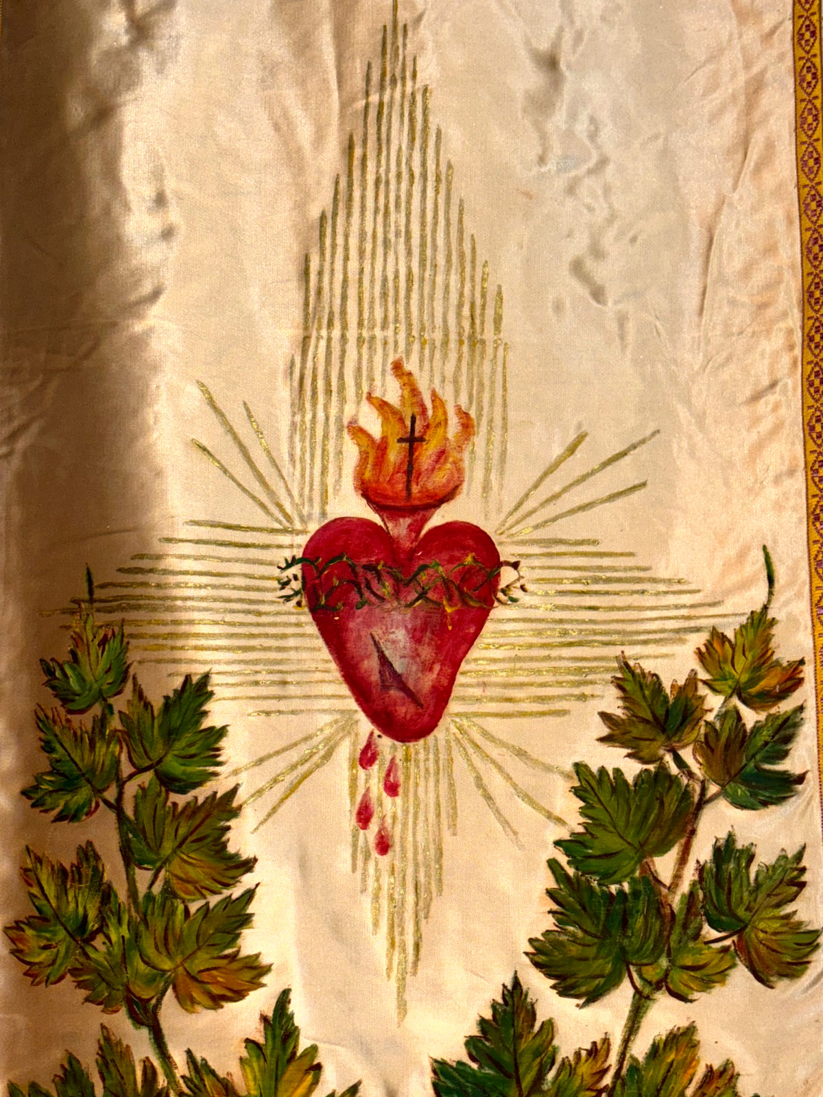 Vintage Hand Painted Silk Christian Church Banner Sacred Heart Painting
