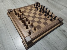 Wooden Handmade Oak & Walnut Chess Board With 5cm Squares + Antique Chess Pieces