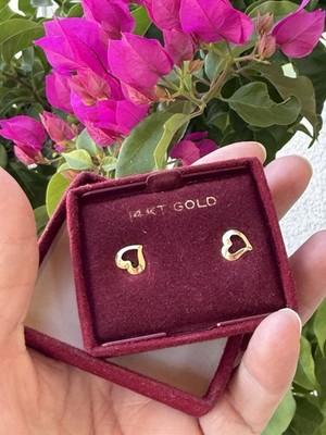 Vintage Neu 14K Massiv Gold Ohrringe Offen Herzform Ohrstecker Durchbohrt in Orig Box!
