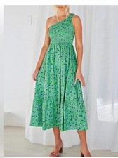 One Shoulder Dresses Casual Sleeveless Boho Floral Flowy Smocked Midi Dress L