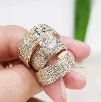 3Ct Lab Created Diamond His Her Wedding Trio Ring Set 14K Yellow Gold Plated