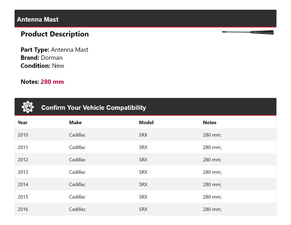 Mástil de antena para Cadillac SRX Dorman 2010-2016 2011 2012 2013 2014 2015 Foto 2 de 4