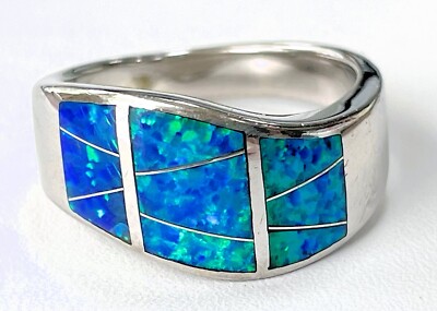 WELLEN DESIGN 925 STERLING SILBER INTARSIERTER BLAUER LABOR FEUEROPAL in GR. 8 - WUNDERSCHÖN!