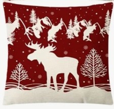 Moose Deer Elk Winter Tree Scene Christmas Throw Pillow Cover Holiday Home Decor