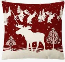 Moose Deer Elk Winter Tree Scene Christmas Throw Pillow Cover Holiday Home Decor