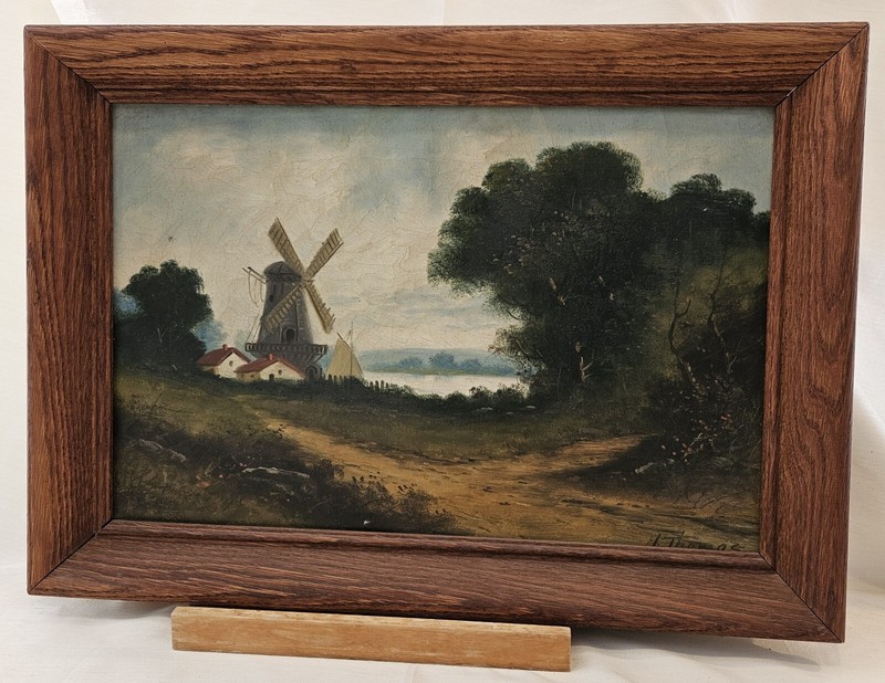 Oil Painting On Canvas Of Dutch Windmill, Lake, Homestead. Signed. Vintage.