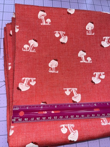 Mushroom Flocked Linen Fabric Red With Lady Bugs Toadstool Vintage - Picture 6 of 7