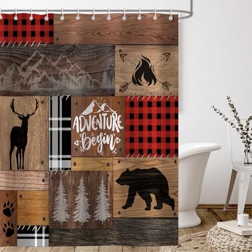 Rustic Cabin Lodge Shower Curtain, Bear Deer Wildlife Black Buffalo