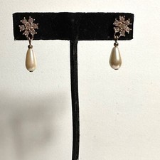 Faux Pearl Earrings Teardrop Shape w Small Crystal Flower Shaped Tops Pretty 