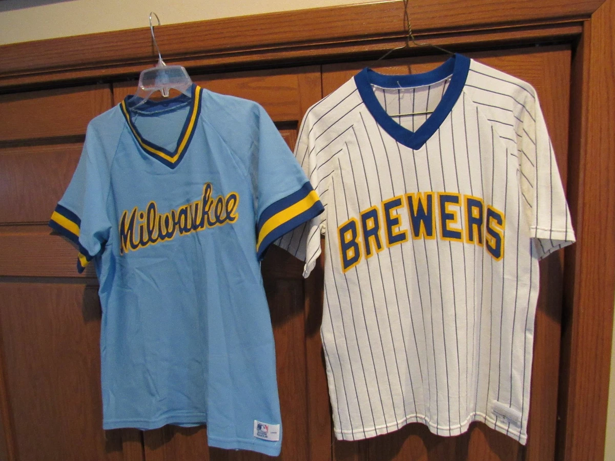 1980's MILWAUKEE BREWERS 2 JERSEY LOT BOYS LARGE SAND-KNIT SANDKNIT RARE MLB