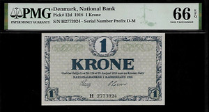 Denmark 1 Krone 1918 PMG 66 EPQ UNC P# 12d S/N Prefix D-M, Population 1/0