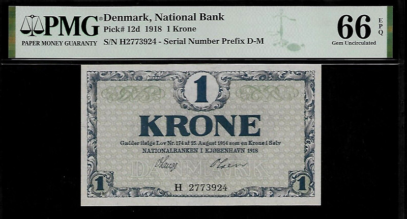 Denmark 1 Krone 1918 PMG 66 EPQ UNC P# 12d S/N Prefix D-M, Population 1/0
