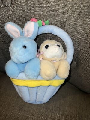 E & J Classic Blue Bunny & Yellow Lamb Blue Basket 9  Stuffed Animal Easter-