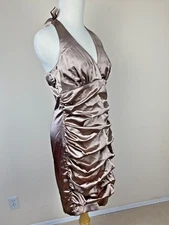 Charlotte Russe Satin Beige Gown L Ruche Open Back Cocktail Dress Halter Strap