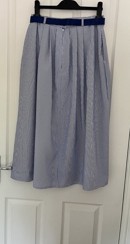 C&A Blue & White Stripe A-Line Skirt Mock Buttons & Belt Size 12 90s Vintage NWT - Picture 2 of 14