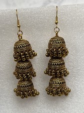 Indian 3 Tier Jhumka Golden Toned. Antique Style Pakistani Indian Earrings.