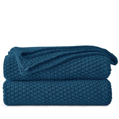 100% Cotton Knitted Throw Blanket   Blue, Soft & Cozy, Machine Washable, 51''x...