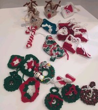 Vintage Needlepoint Hanging Ornaments , Rudolph, Santa Boots, Wreaths, Lot, Gran