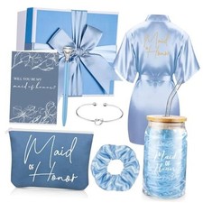8 Pcs Proposal Gifts Set Robes Makeup Bag Cup Cards Hair Blue Maid of Honor