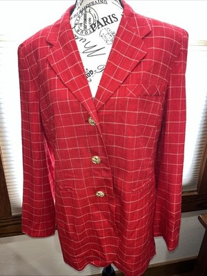 Howard Wolf Vintage Red Woven Plaid Gold Color 3 Button Blazer Lined