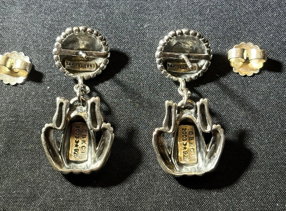 Barry Kieselstein Cord Sterling Silver 925 & 14K Gold Frog and Flower Earrings - Image 2 of 4