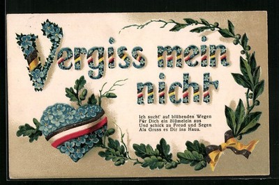 Embossed Postcard Forget-Me-Not Heart and Laurel and Oak Leaves Wreath 
